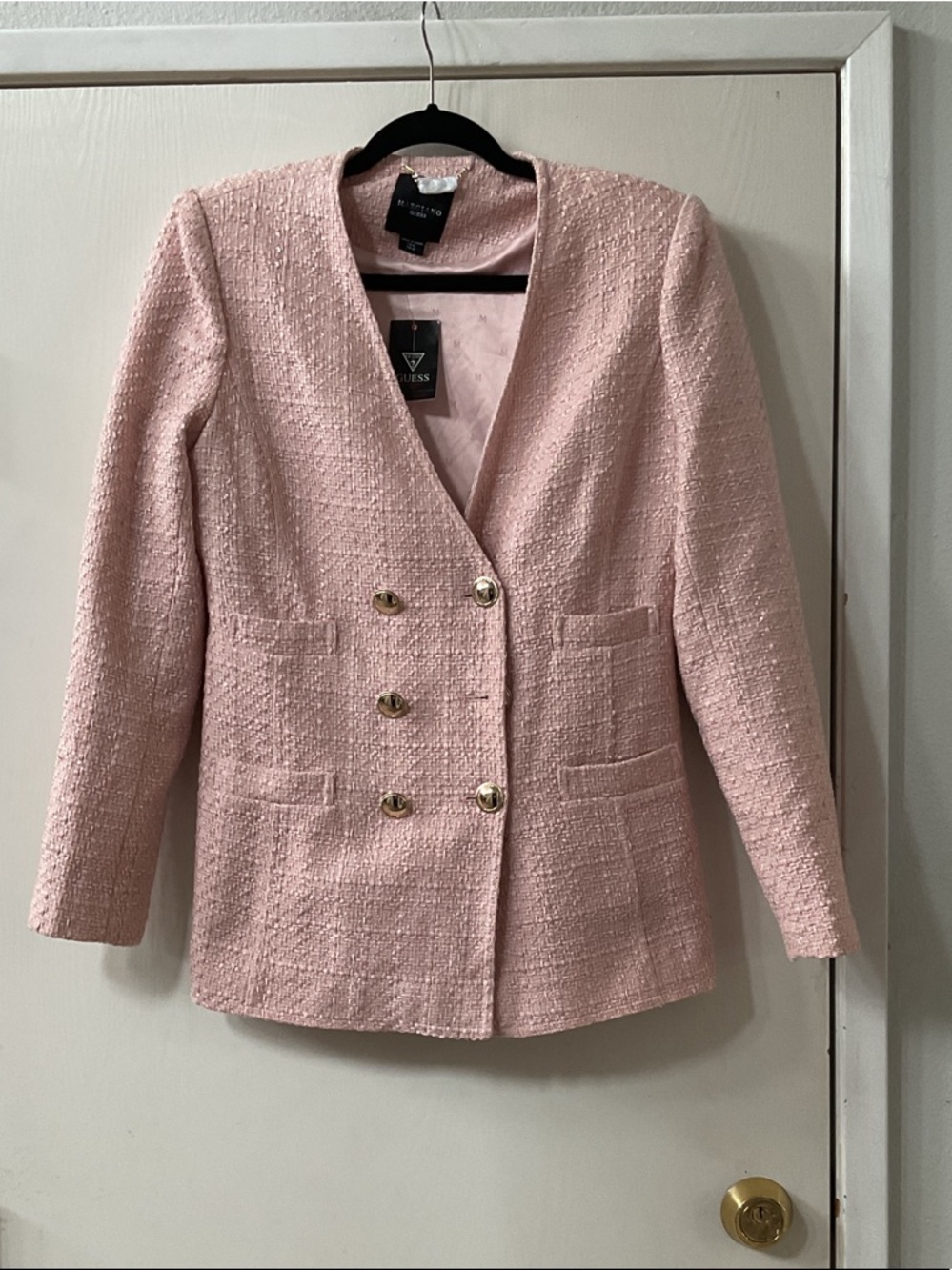 Marciano Light Pink Tweed Double-Breasted Blazer with Gold Buttons